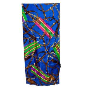 100% Silk Lauren Ralph Lauren Equestrian Scarf 12" x 53" Bridles Saddles Chains